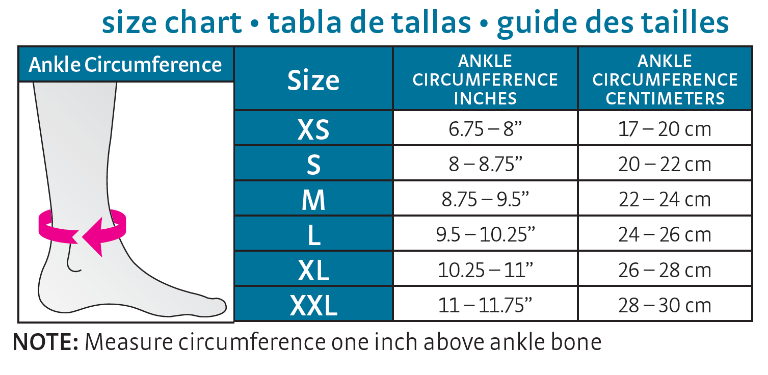 medi protect seamless ankle support size chart