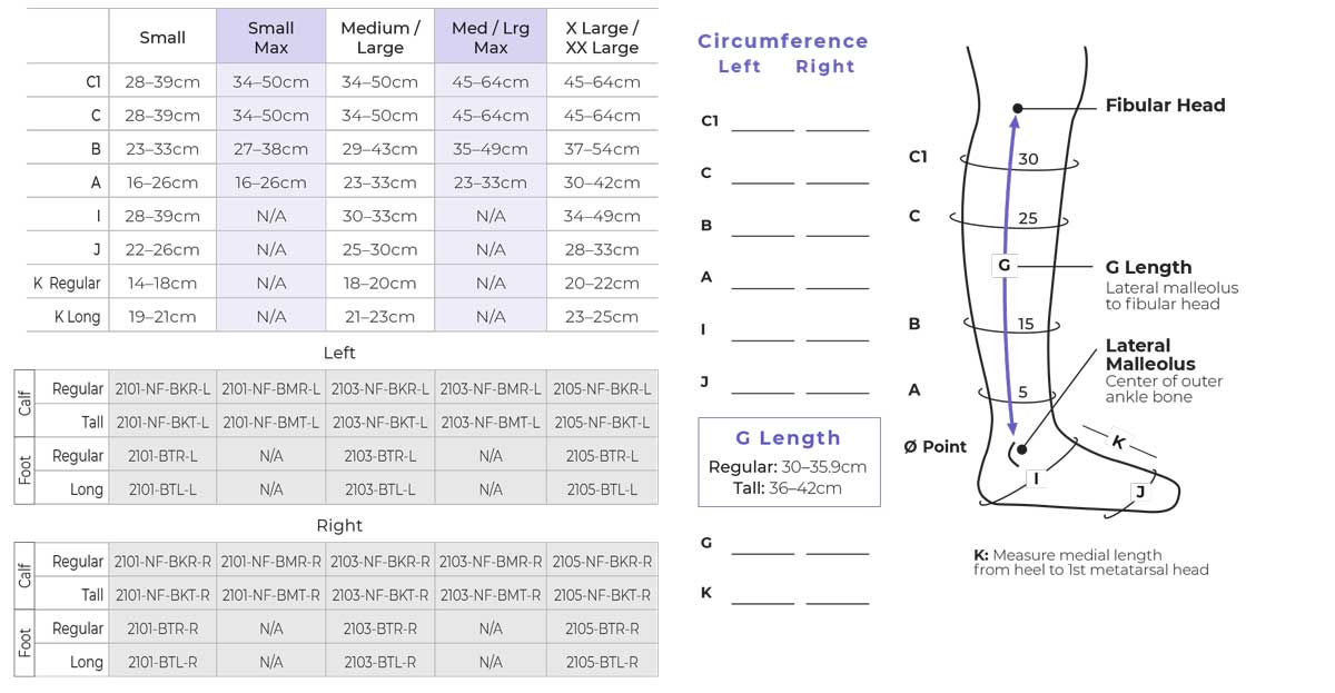 SIGVARIS Coolflex Foot Size Chart